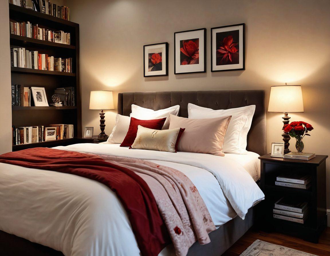 A stylish bedroom setting with soft lighting, featuring a cozy bed adorned with luxurious linens, candles softly flickering on the nightstands, and tasteful art on the walls. In one corner, a stylish bookshelf filled with books on intimacy and relationships. Subtle hints of sensuality, like red roses and elegant lingerie. The ambiance exudes warmth, comfort, and intimacy. super-realistic. warm colors. soft focus.