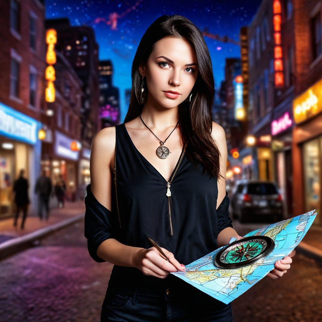 A thoughtful individual holding a compass and a map, standing at a crossroads surrounded by symbolic icons representing different aspects of the adult industry, such as empowerment, safety, and exploration. The background features a mixture of vibrant nightlife and serene sensuality, blending urban landscapes with intimate settings. Soft lighting that creates an inviting atmosphere. super-realistic. vibrant colors.